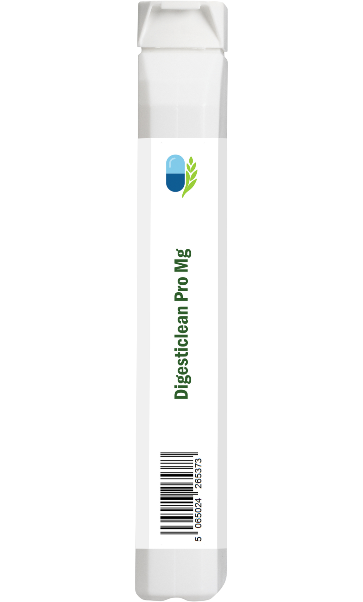 Side view of AnMar™ Digesticlean Pro Mg bottle showing barcode panel only. White plastic vegan supplement container with 100 capsules.