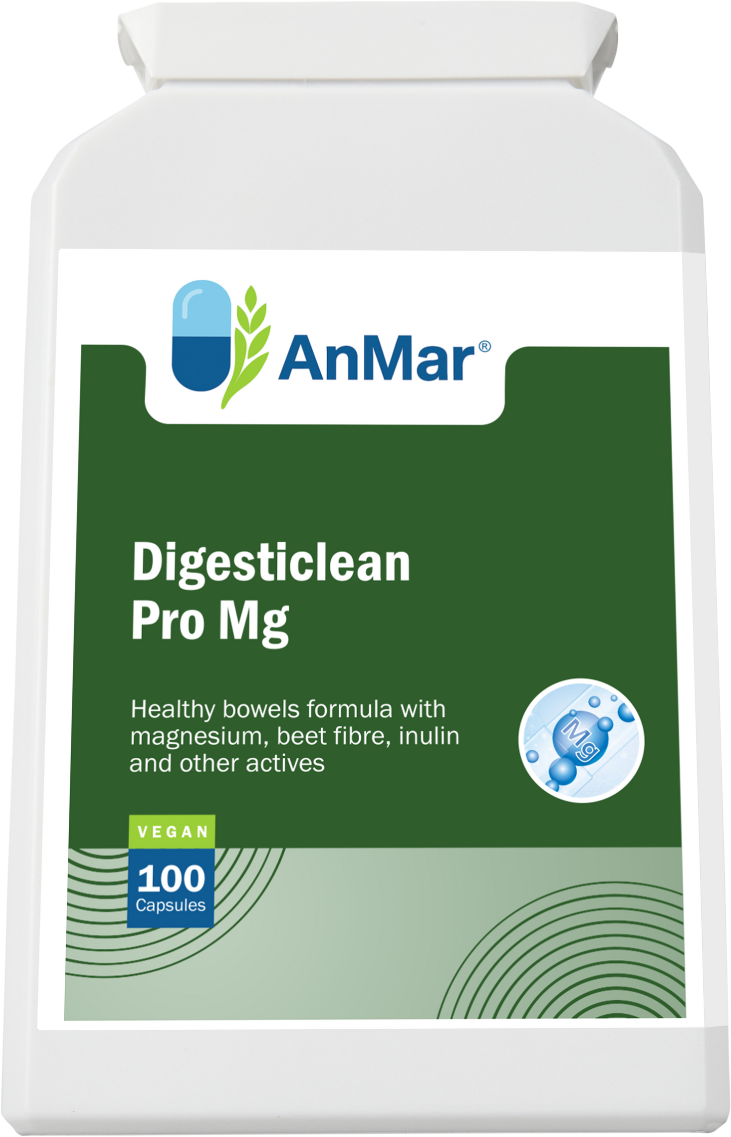 Angled front view of AnMar™ Digesticlean Pro Mg bottle, a vegan digestive support formula with magnesium, beet fibre, and inulin. Contains 100 capsules.