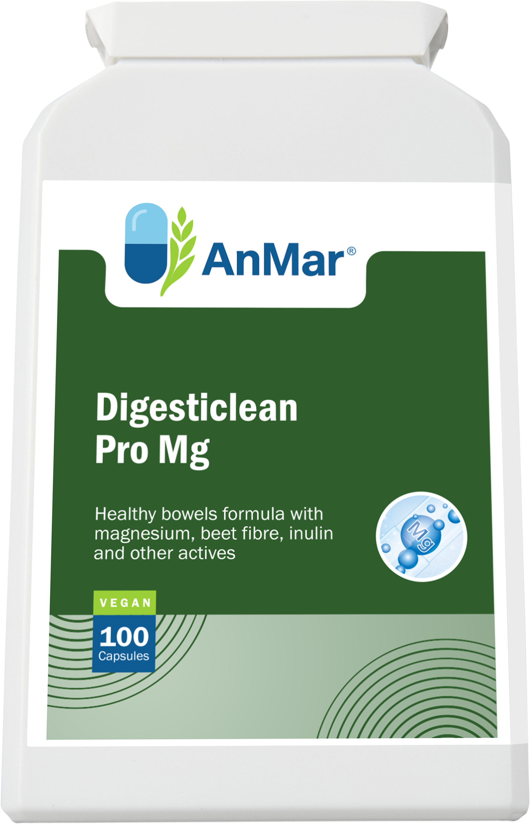 Angled front view of AnMar™ Digesticlean Pro Mg bottle, a vegan digestive support formula with magnesium, beet fibre, and inulin. Contains 100 capsules.