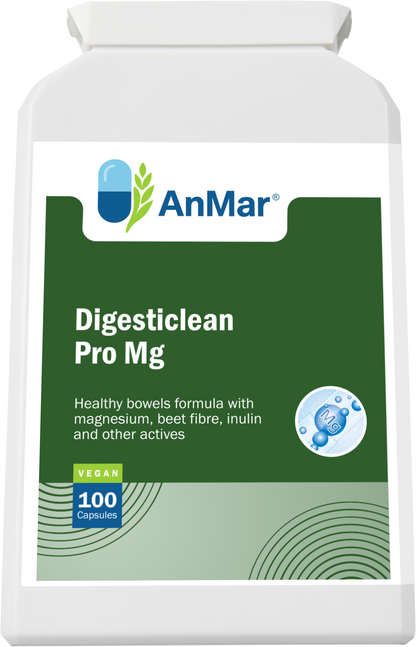 Angled front view of AnMar™ Digesticlean Pro Mg bottle, a vegan digestive support formula with magnesium, beet fibre, and inulin. Contains 100 capsules.