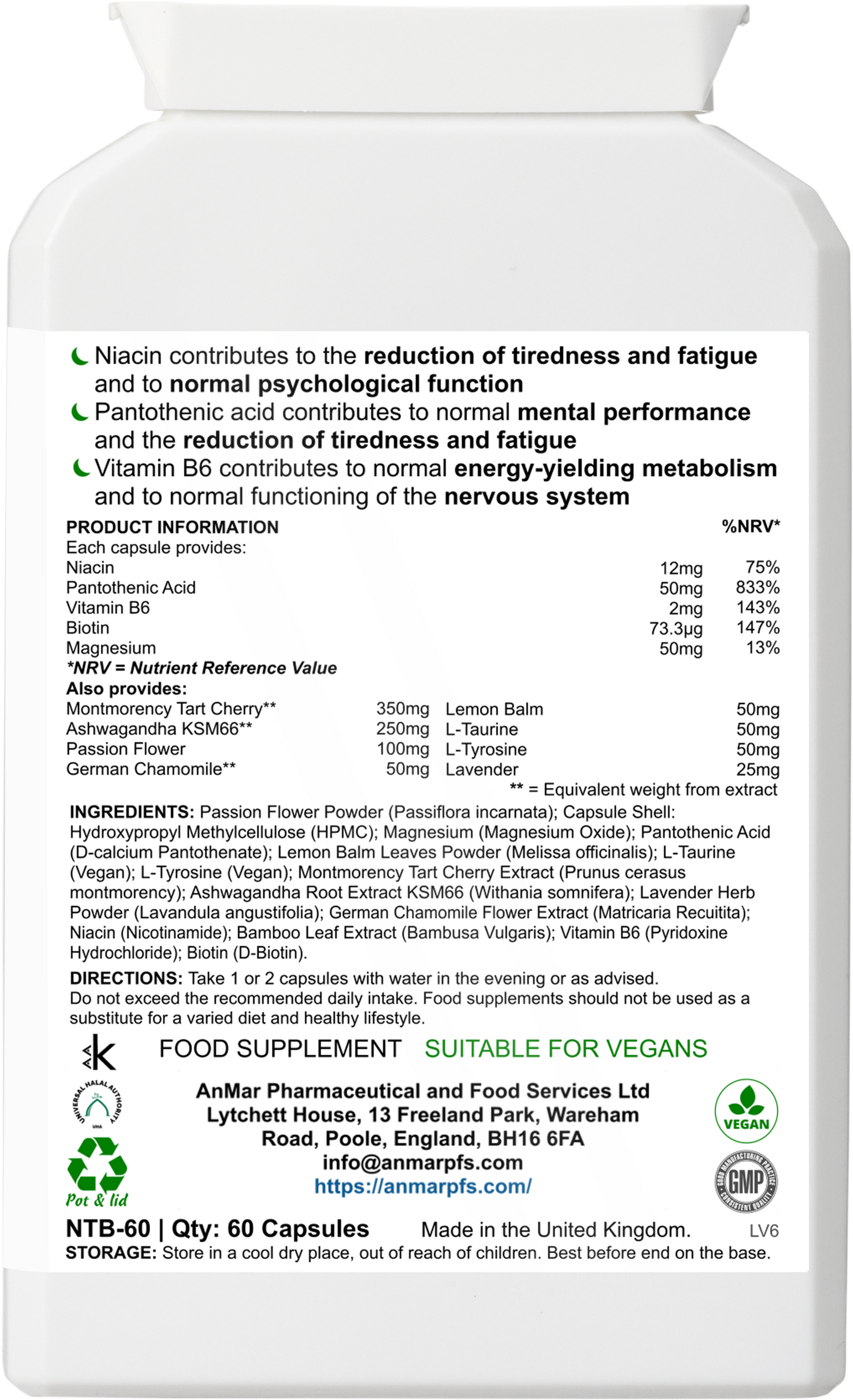 Back label of AnMar™ DreamEase supplement showing nutritional information, active ingredients including magnesium, cherry extract, ashwagandha, L-tryptophan, and B vitamins, plus vegan certification and usage guidance.