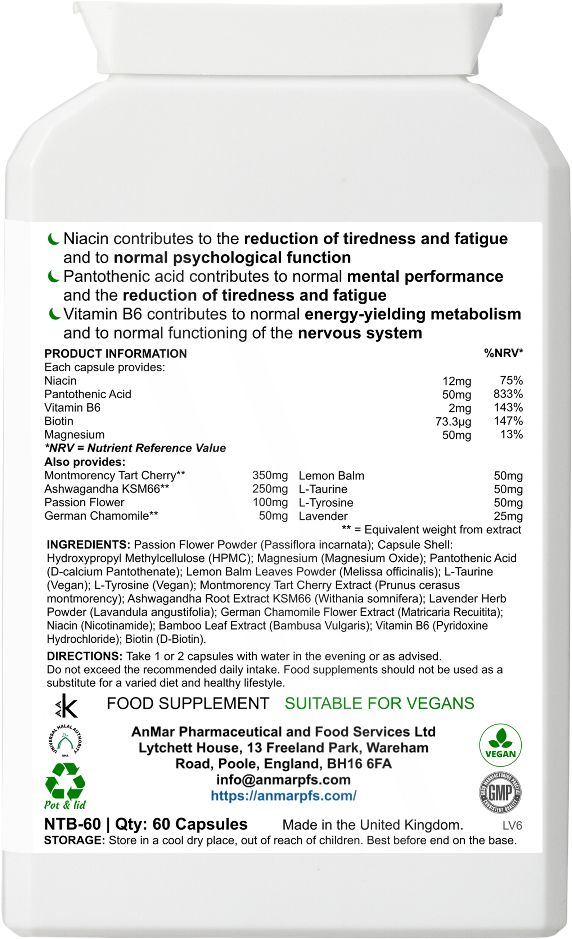Back label of AnMar™ DreamEase supplement showing nutritional information, active ingredients including magnesium, cherry extract, ashwagandha, L-tryptophan, and B vitamins, plus vegan certification and usage guidance.