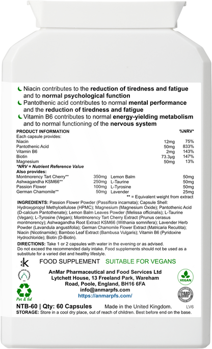 Back label of AnMar™ DreamEase supplement showing nutritional information, active ingredients including magnesium, cherry extract, ashwagandha, L-tryptophan, and B vitamins, plus vegan certification and usage guidance.