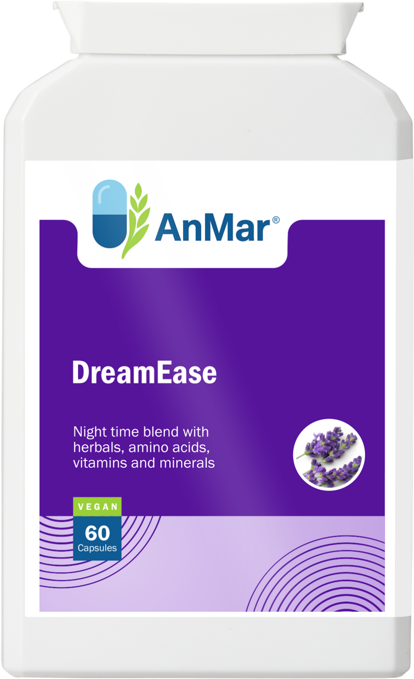 Front label of AnMar™ DreamEase supplement bottle featuring a vegan formula with herbs, amino acids, vitamins, and minerals for nighttime relaxation and sleep support.
