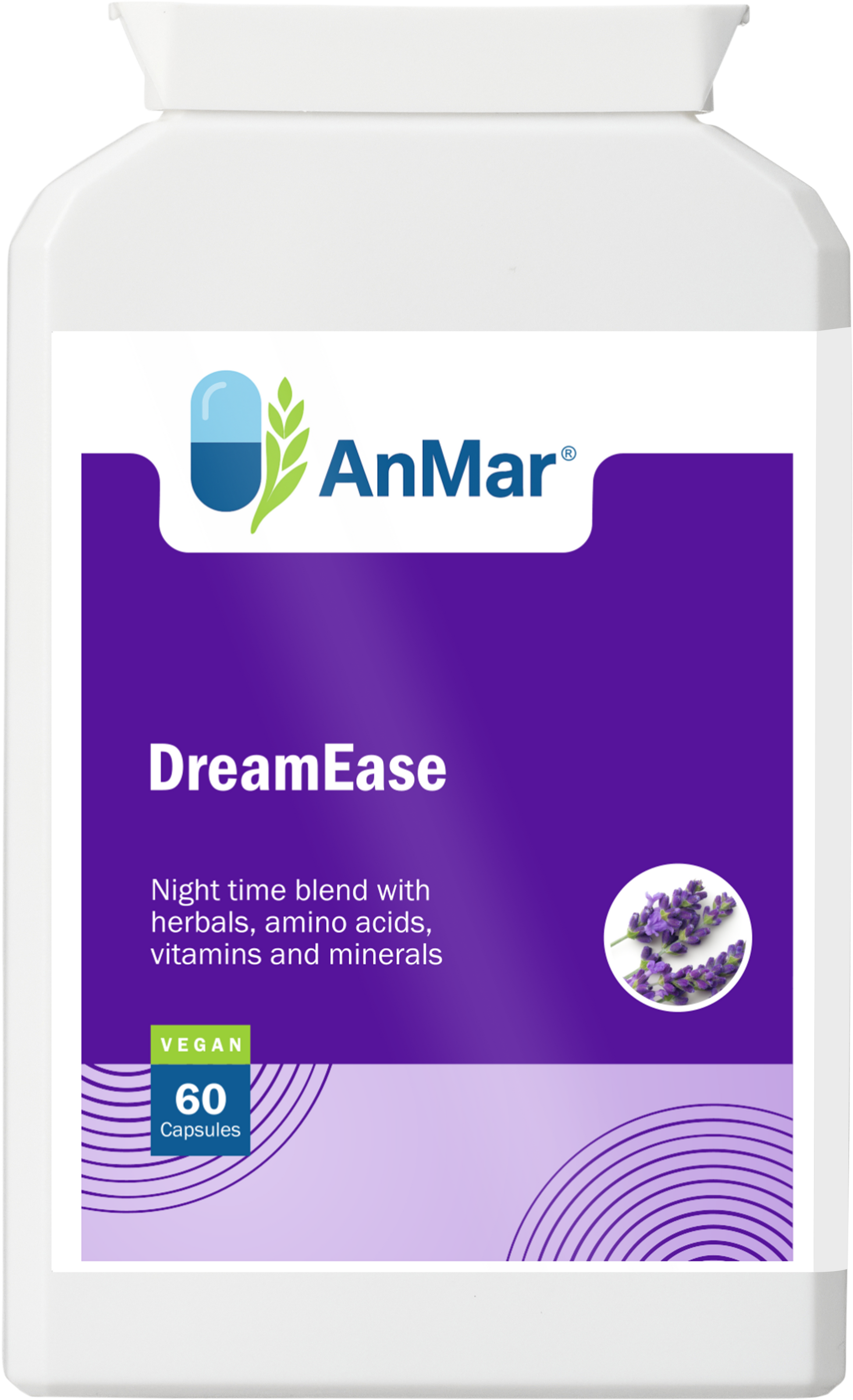 Front label of AnMar™ DreamEase supplement bottle featuring a vegan formula with herbs, amino acids, vitamins, and minerals for nighttime relaxation and sleep support.