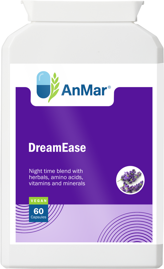 Front label of AnMar™ DreamEase supplement bottle featuring a vegan formula with herbs, amino acids, vitamins, and minerals for nighttime relaxation and sleep support.