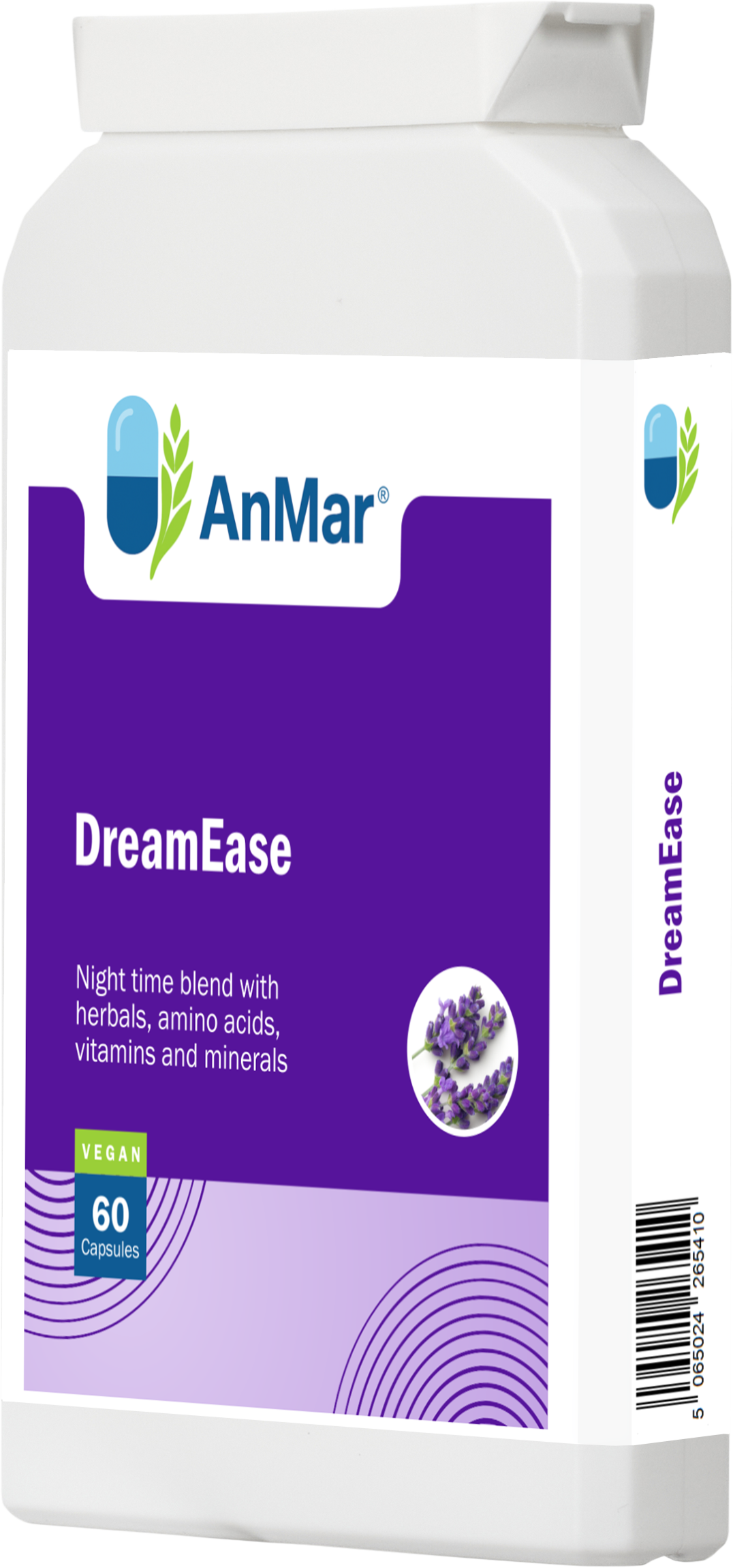 Right-angled view of AnMar™ DreamEase bottle showing 60 vegan capsules for sleep support, featuring a calming lavender design and a blend of herbs, amino acids, and essential nutrients.