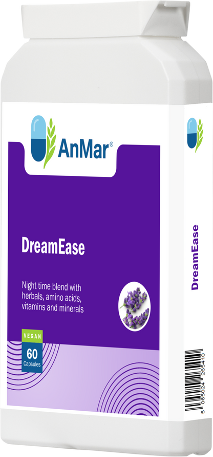 Right-angled view of AnMar™ DreamEase bottle showing 60 vegan capsules for sleep support, featuring a calming lavender design and a blend of herbs, amino acids, and essential nutrients.