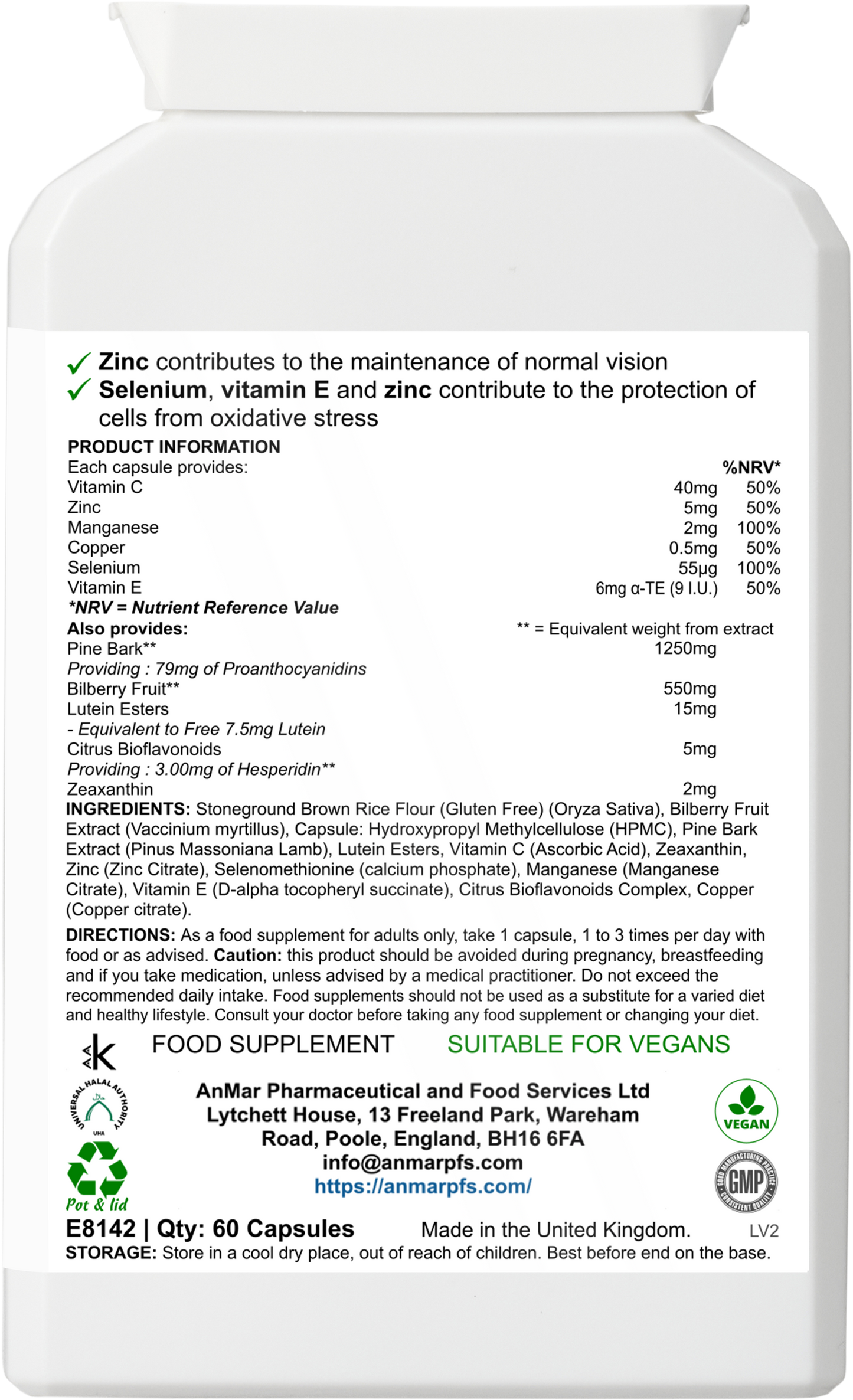Back label of AnMar™ EyeFocus+ supplement bottle showing full ingredient list, directions, and approved health claims for vision and antioxidant support.