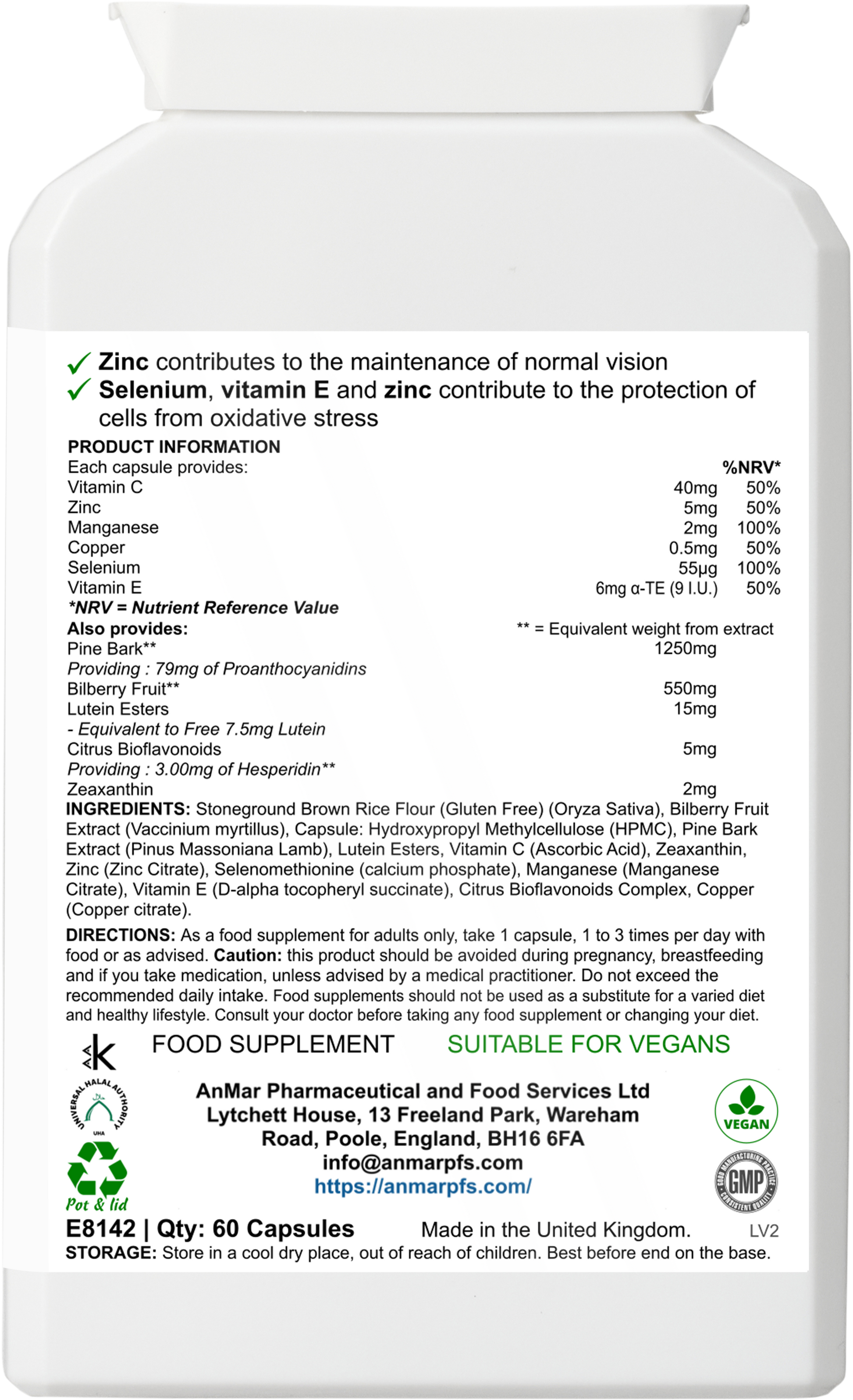 Back label of AnMar™ EyeFocus+ supplement bottle showing full ingredient list, directions, and approved health claims for vision and antioxidant support.