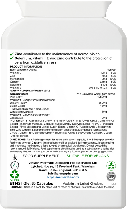 Back label of AnMar™ EyeFocus+ supplement bottle showing full ingredient list, directions, and approved health claims for vision and antioxidant support.