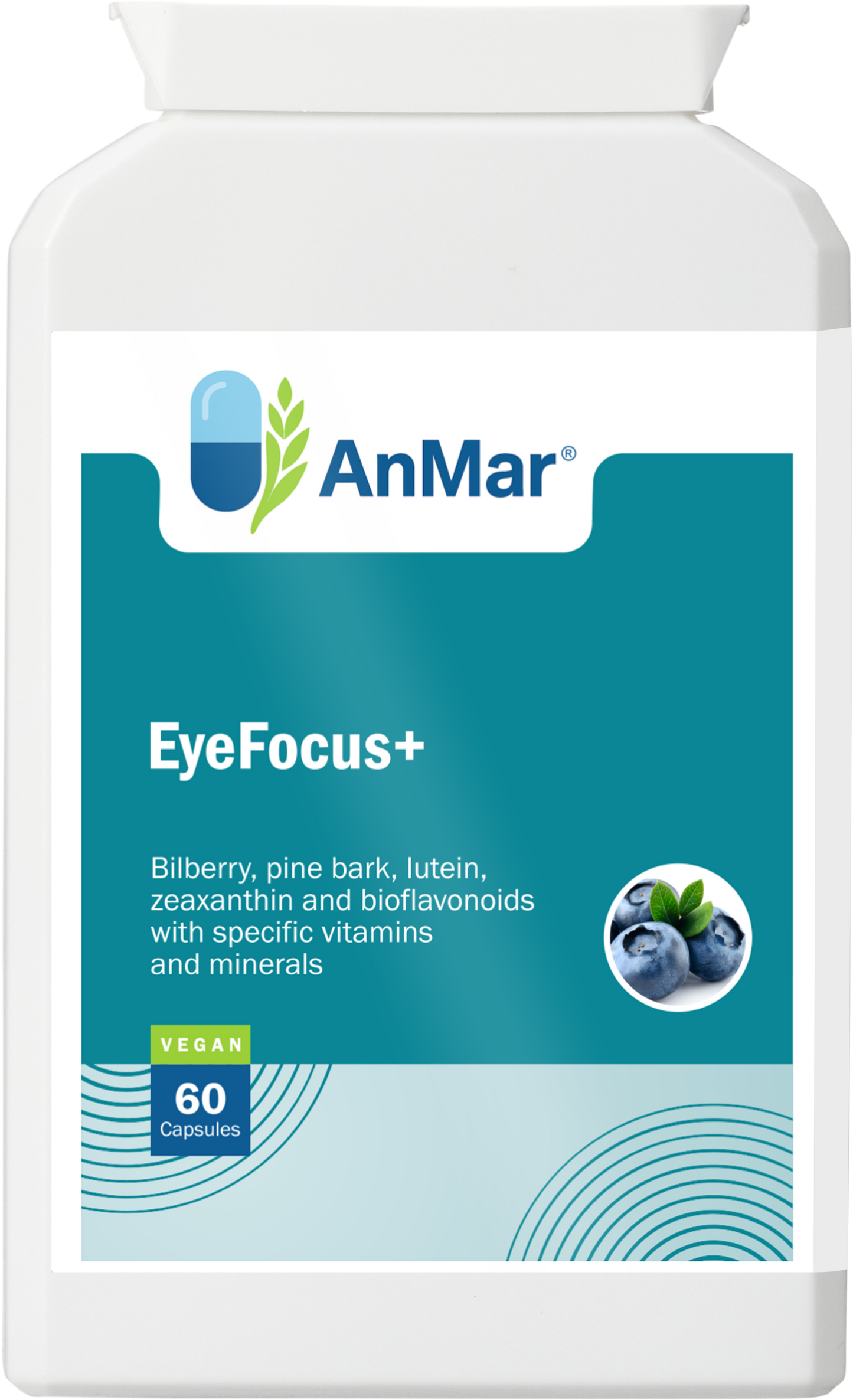 Front of AnMar™ EyeFocus+ supplement bottle showing product name, ingredients like bilberry and lutein, and 60 vegan capsules.