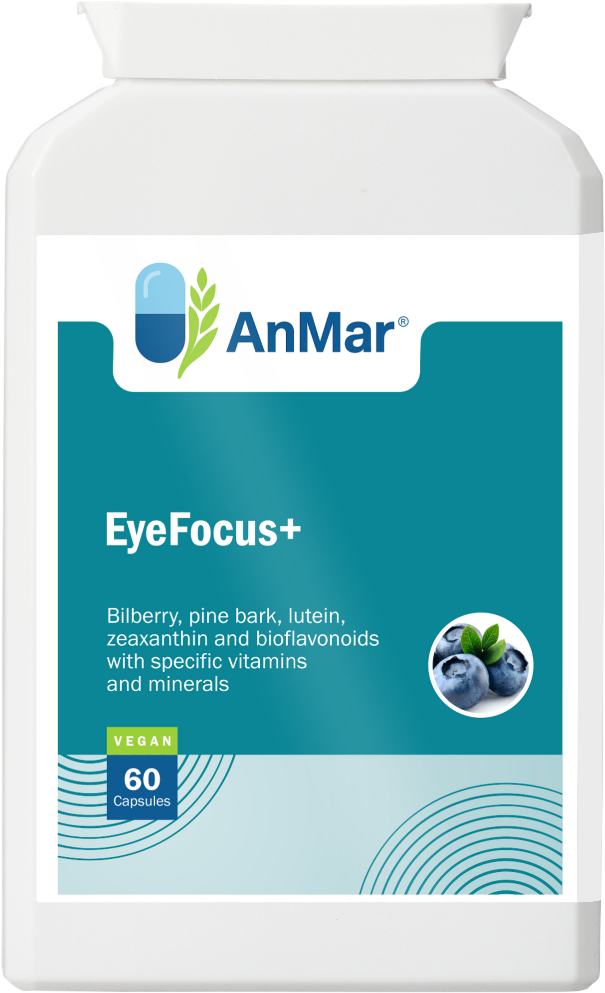 Front of AnMar™ EyeFocus+ supplement bottle showing product name, ingredients like bilberry and lutein, and 60 vegan capsules.