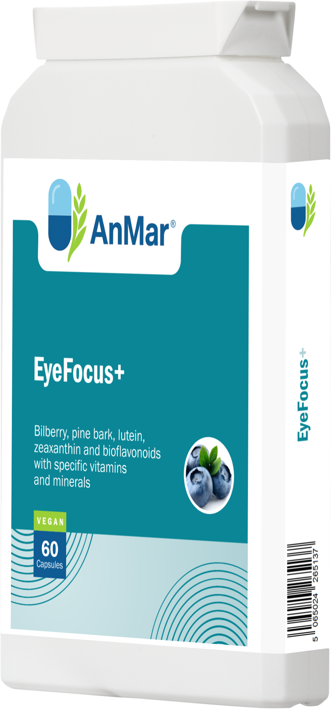 Right-angled front view of AnMar™ EyeFocus+ supplement bottle featuring vision support formula with bilberry, pine bark, and lutein.