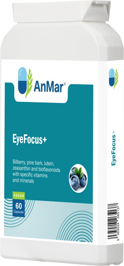 Right-angled front view of AnMar™ EyeFocus+ supplement bottle featuring vision support formula with bilberry, pine bark, and lutein.