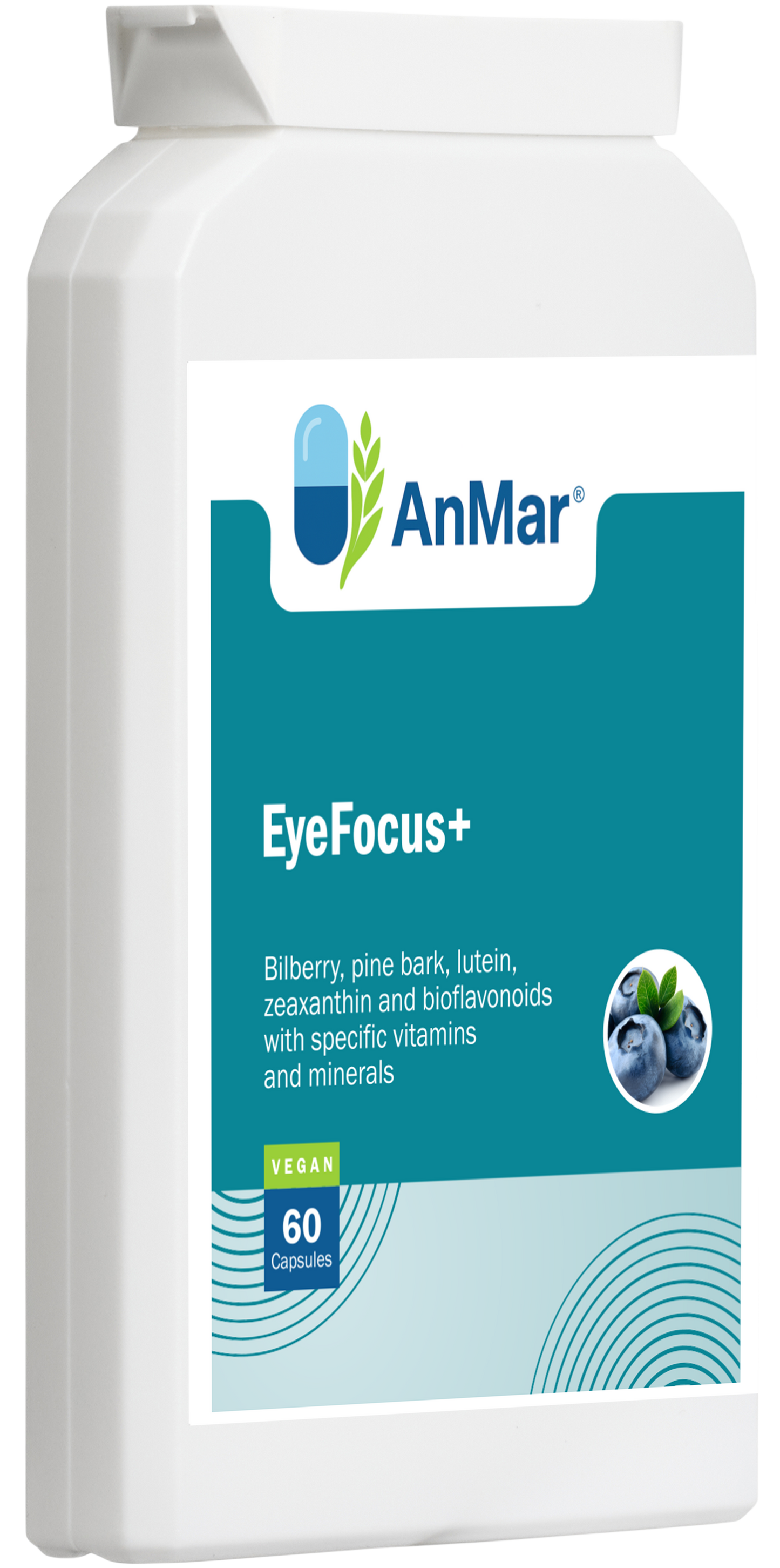 Angled left front view of AnMar™ EyeFocus+ supplement bottle showing product name, vegan label, and bilberry illustration.