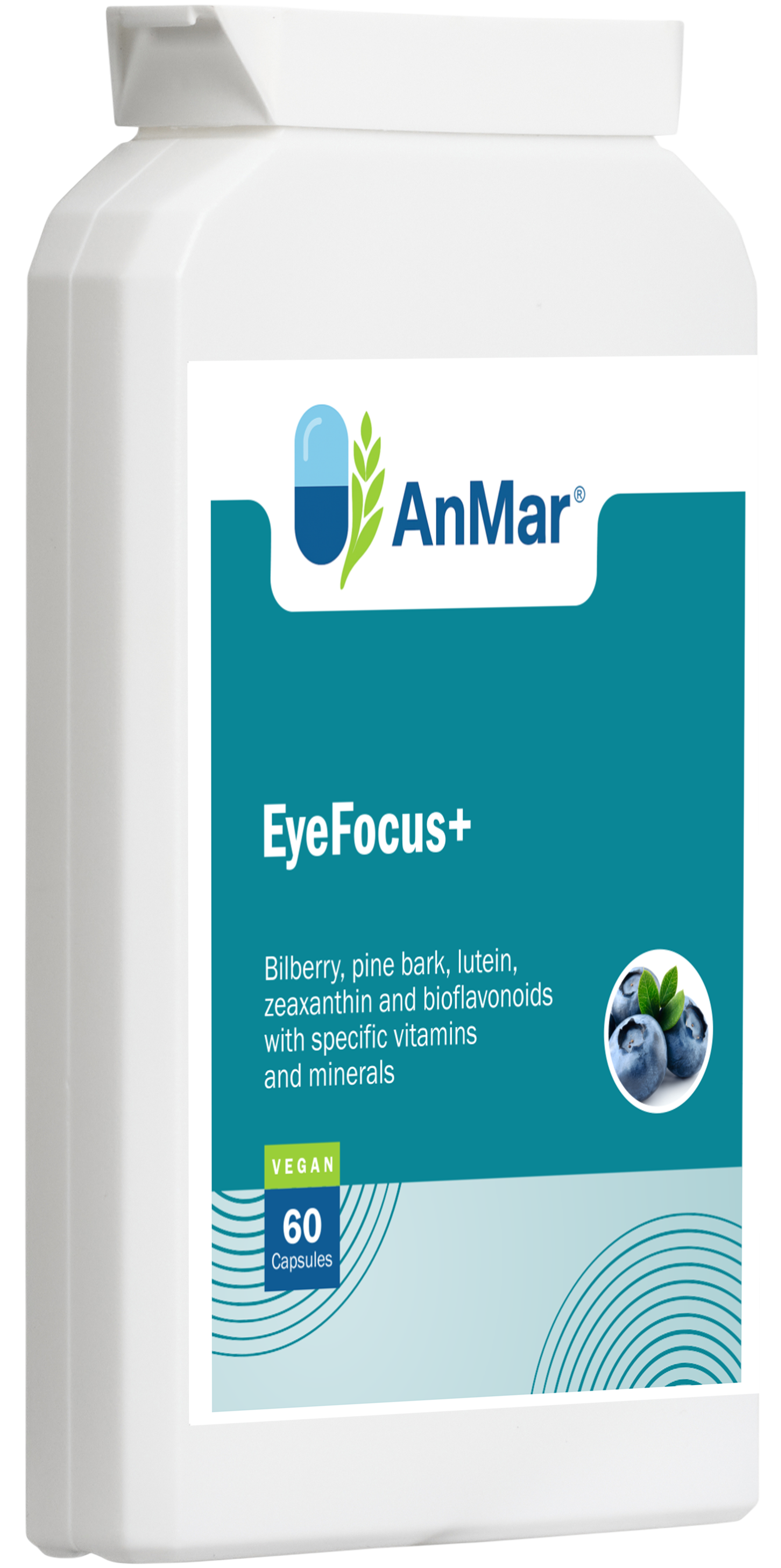 Angled left front view of AnMar™ EyeFocus+ supplement bottle showing product name, vegan label, and bilberry illustration.