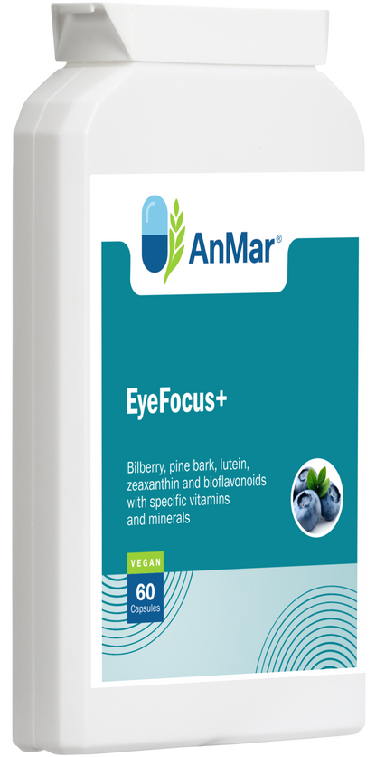 Angled left front view of AnMar™ EyeFocus+ supplement bottle showing product name, vegan label, and bilberry illustration.