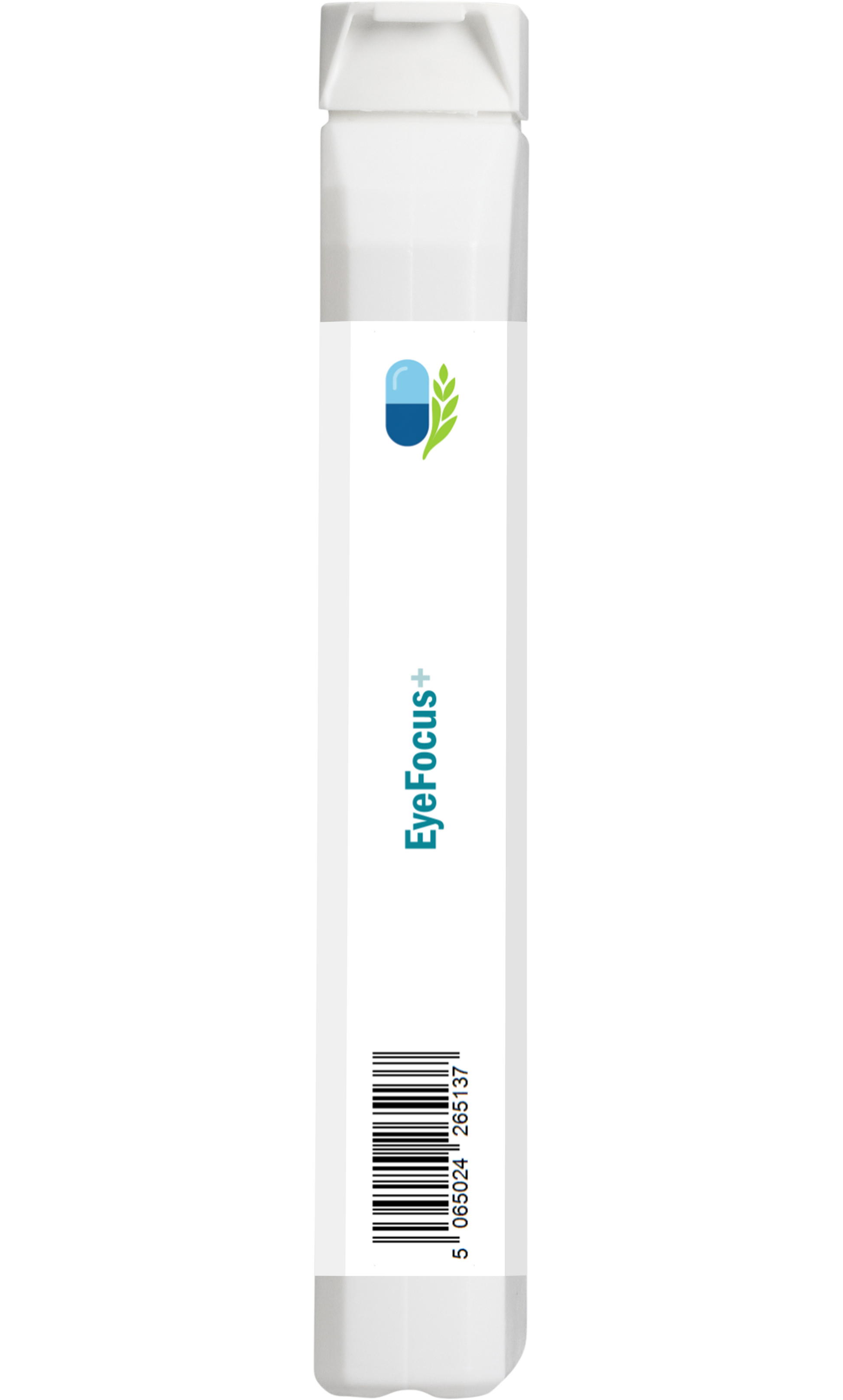 Side view of AnMar™ EyeFocus+ bottle showing GTIN barcode for packaging and inventory identification.