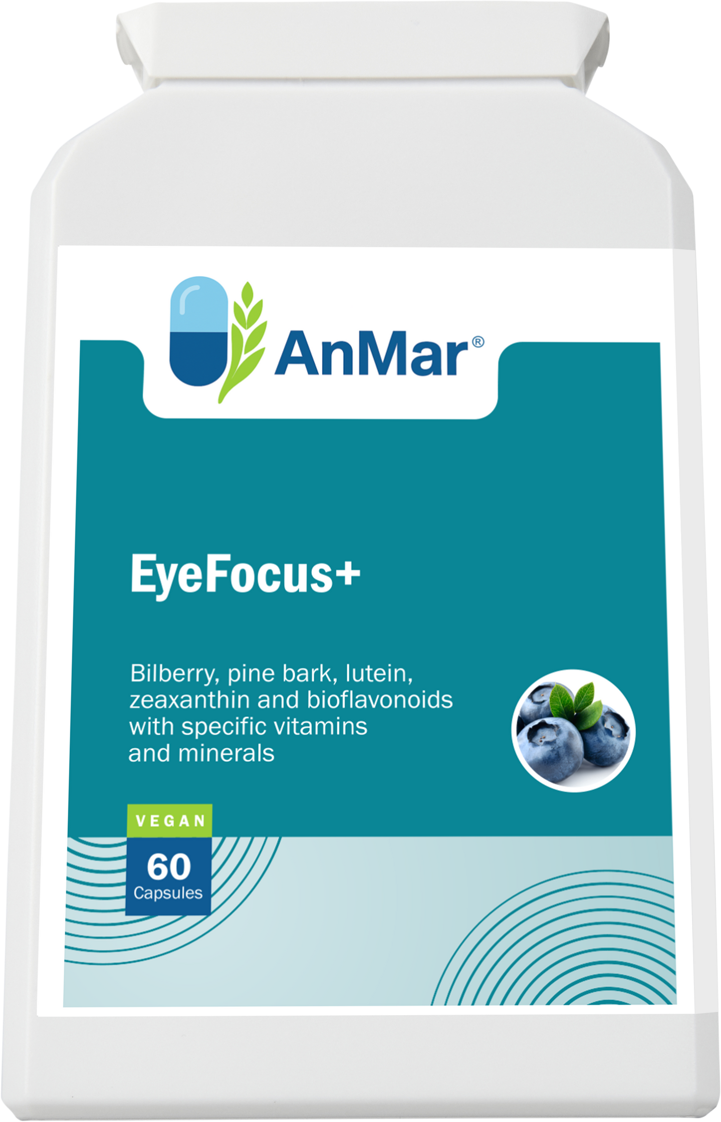 Flat front label of AnMar™ EyeFocus+ bottle highlighting bilberry, pine bark, lutein, and zeaxanthin for eye health support.