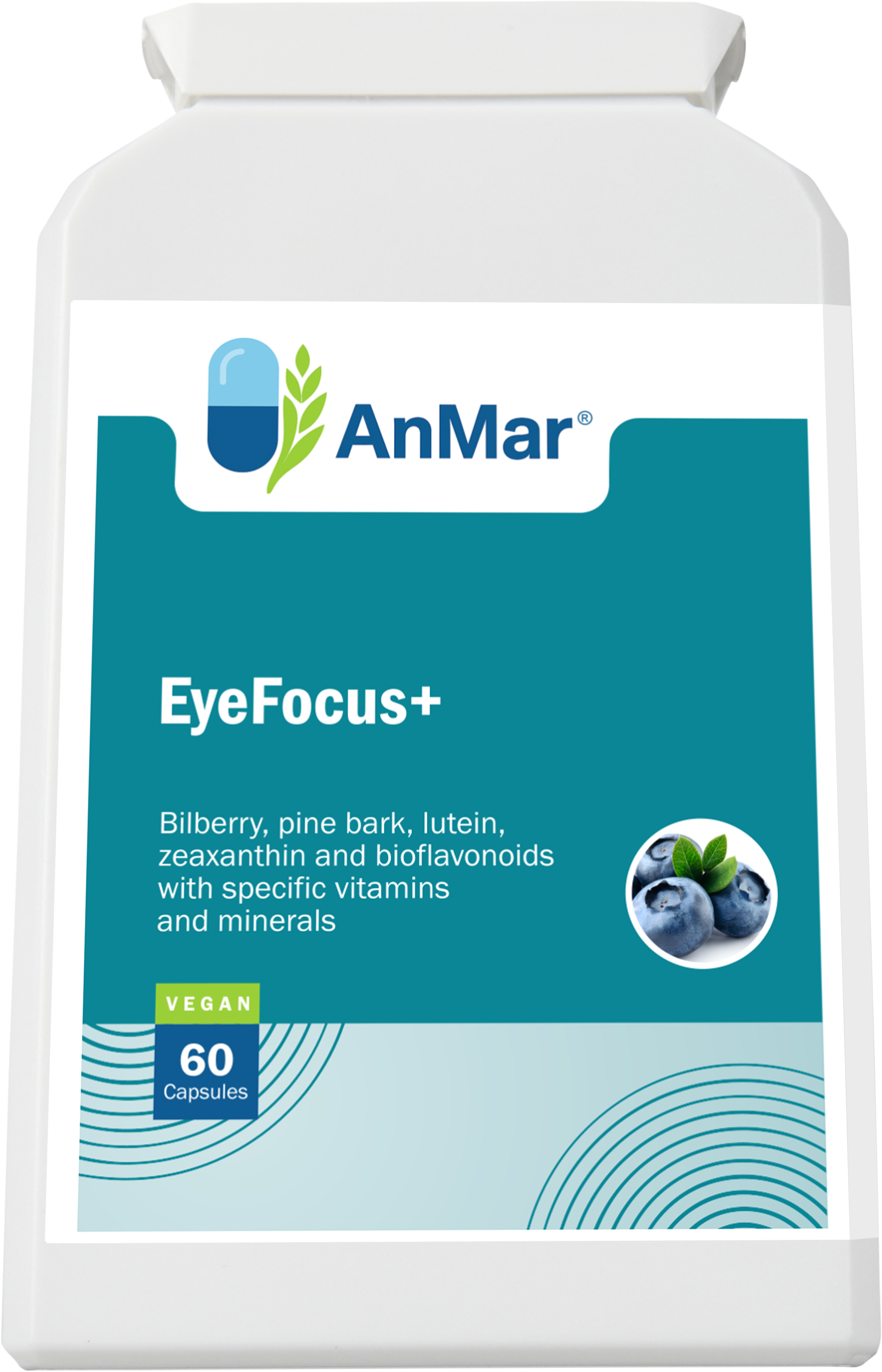 Flat front label of AnMar™ EyeFocus+ bottle highlighting bilberry, pine bark, lutein, and zeaxanthin for eye health support.