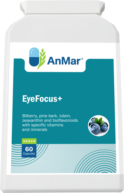 Flat front label of AnMar™ EyeFocus+ bottle highlighting bilberry, pine bark, lutein, and zeaxanthin for eye health support.