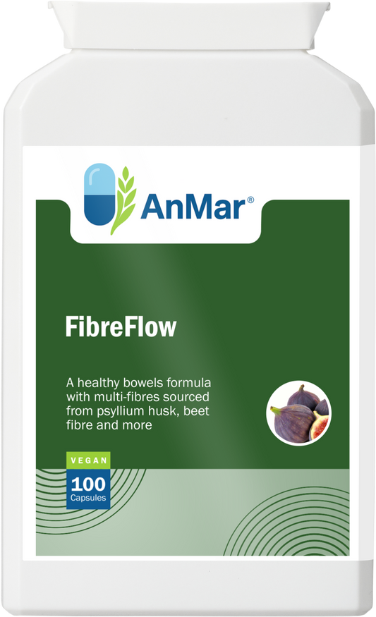 Front view of AnMar™ FibreFlow supplement bottle showing product name, fig and beetroot image, and 100 vegan capsules for bowel and digestive support.