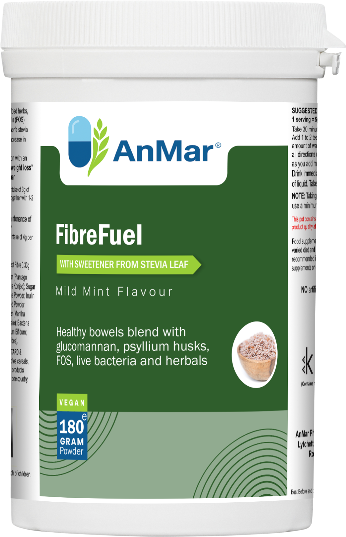Flat front-facing label of AnMar™ FibreFuel mild mint flavour supplement, showing vegan-friendly 180g powder with glucomannan, psyllium husks, FOS, probiotics, and herbal blend.