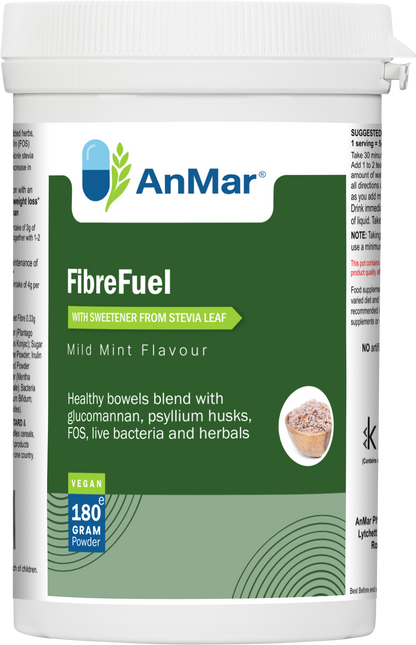 Flat front-facing label of AnMar™ FibreFuel mild mint flavour supplement, showing vegan-friendly 180g powder with glucomannan, psyllium husks, FOS, probiotics, and herbal blend.