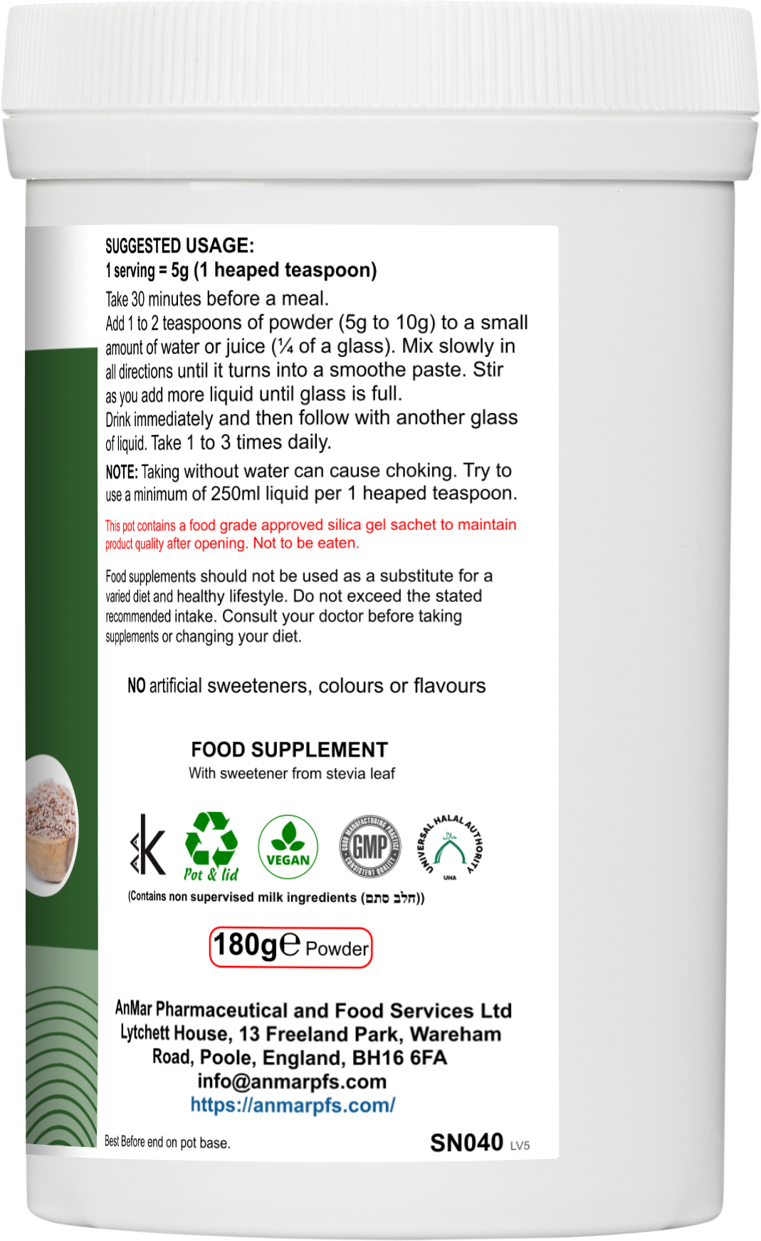 Flat back label of AnMar™ FibreFuel showing usage instructions, dosage guidance, caution about choking risk, and supplement facts for the 180g mild mint flavour fibre powder.