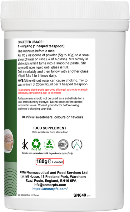 Flat back label of AnMar™ FibreFuel showing usage instructions, dosage guidance, caution about choking risk, and supplement facts for the 180g mild mint flavour fibre powder.