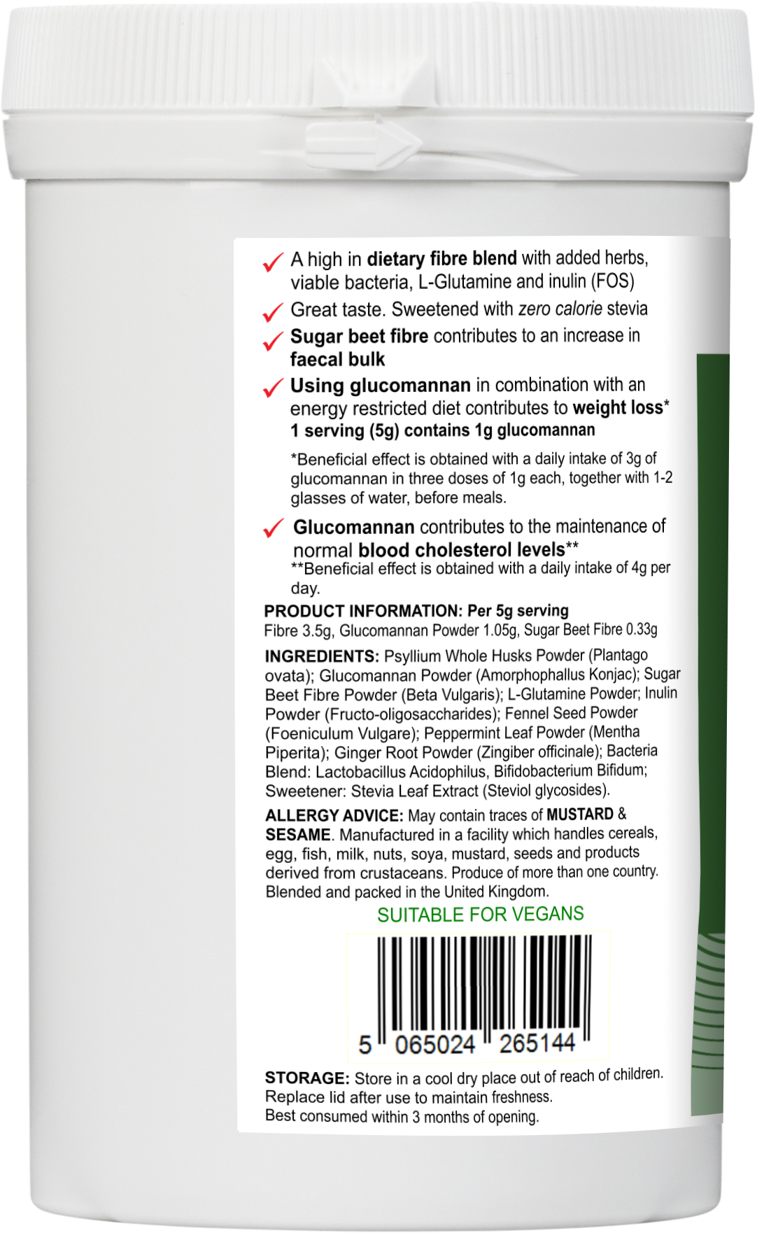 Label displaying supplement facts for AnMar™ FibreFuel, highlighting glucomannan, psyllium husk, FOS, and sugar beet fibre. Includes dosage, ingredient list, and authorised health claims for digestive and cholesterol support.