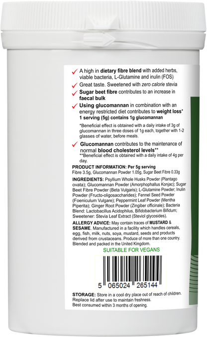 Label displaying supplement facts for AnMar™ FibreFuel, highlighting glucomannan, psyllium husk, FOS, and sugar beet fibre. Includes dosage, ingredient list, and authorised health claims for digestive and cholesterol support.