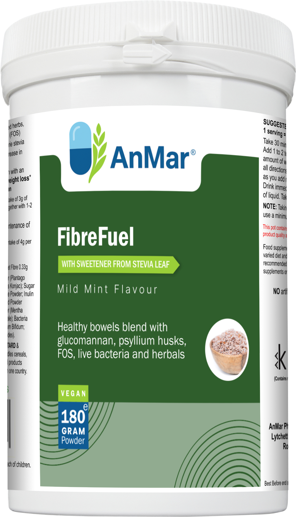 Front label of AnMar™ FibreFuel 180g tub showing product name, mild mint flavour, vegan icon, and highlights including glucomannan, psyllium husks, FOS, live bacteria, and herbals.