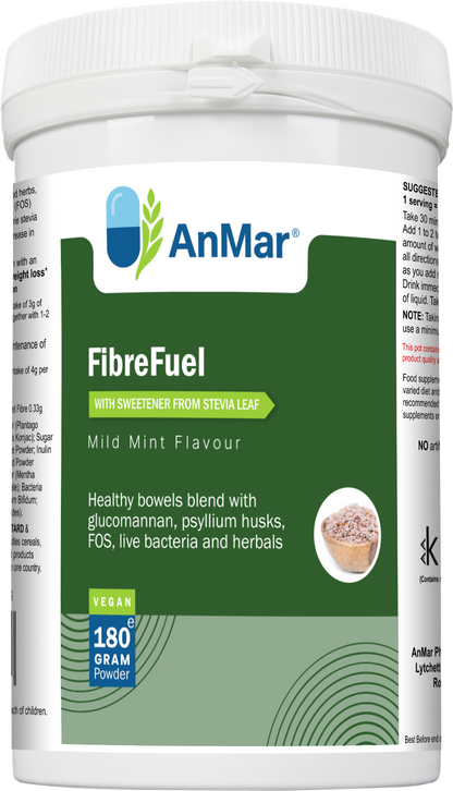 Front label of AnMar™ FibreFuel 180g tub showing product name, mild mint flavour, vegan icon, and highlights including glucomannan, psyllium husks, FOS, live bacteria, and herbals.