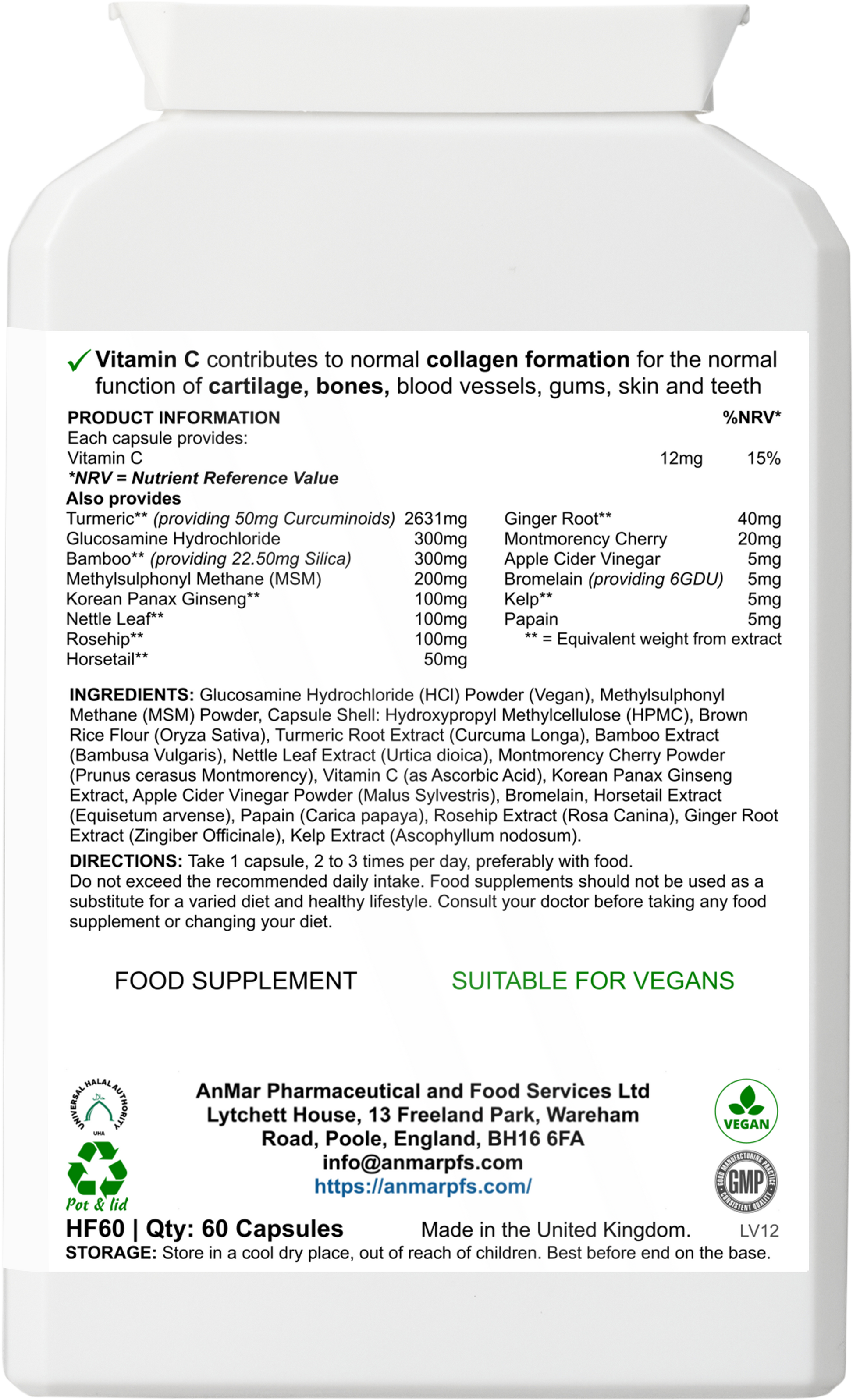 Back label of AnMar™ FlexEase Collagen+ showing ingredients list, nutritional values, usage directions, and collagen formation health claims.