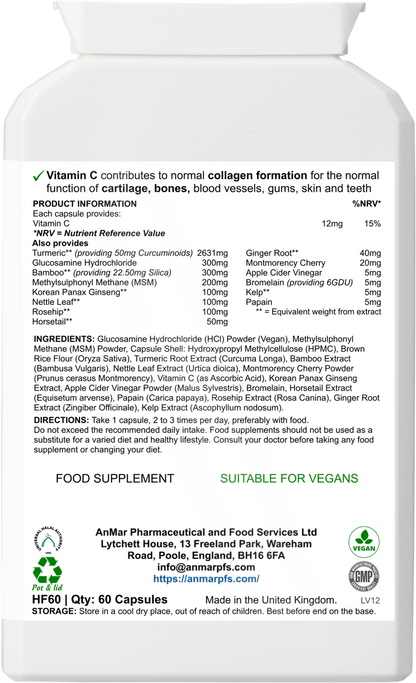 Back label of AnMar™ FlexEase Collagen+ showing ingredients list, nutritional values, usage directions, and collagen formation health claims.