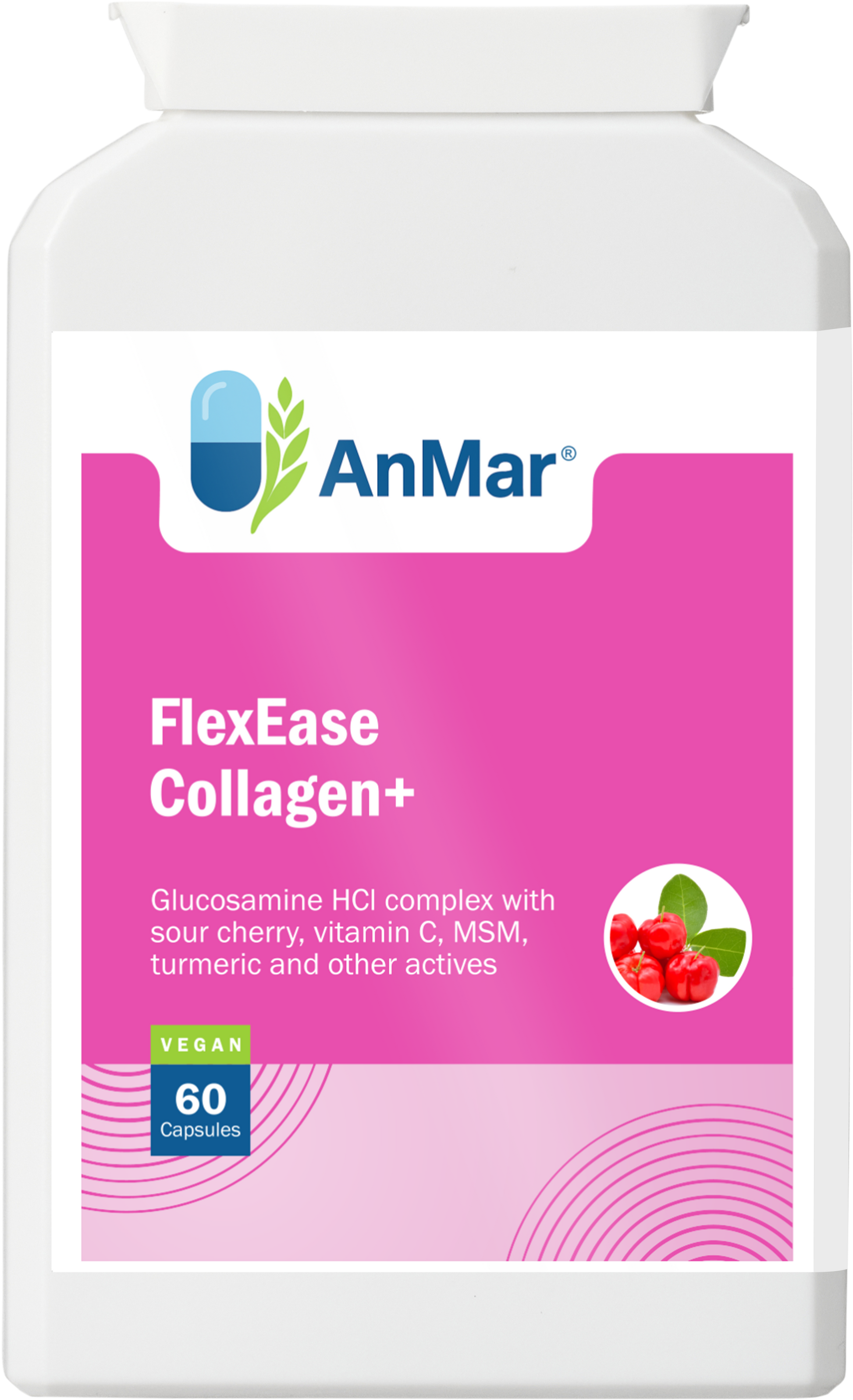 Front label of AnMar™ FlexEase Collagen+ supplement showing 60 vegan capsules with glucosamine, MSM, vitamin C, turmeric, and sour cherry.