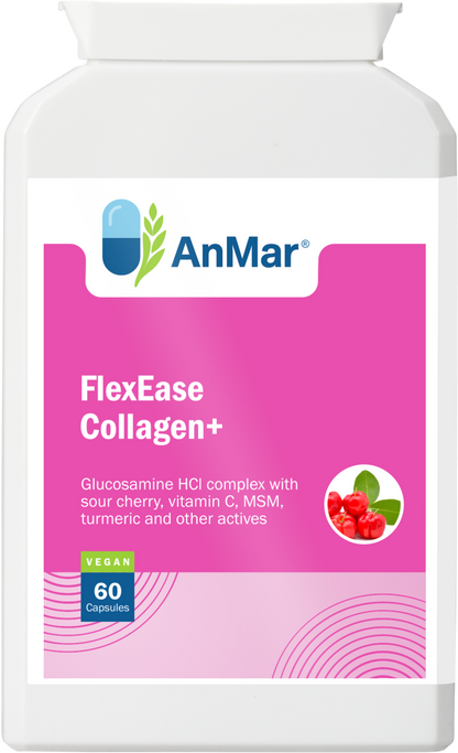 Front label of AnMar™ FlexEase Collagen+ supplement showing 60 vegan capsules with glucosamine, MSM, vitamin C, turmeric, and sour cherry.