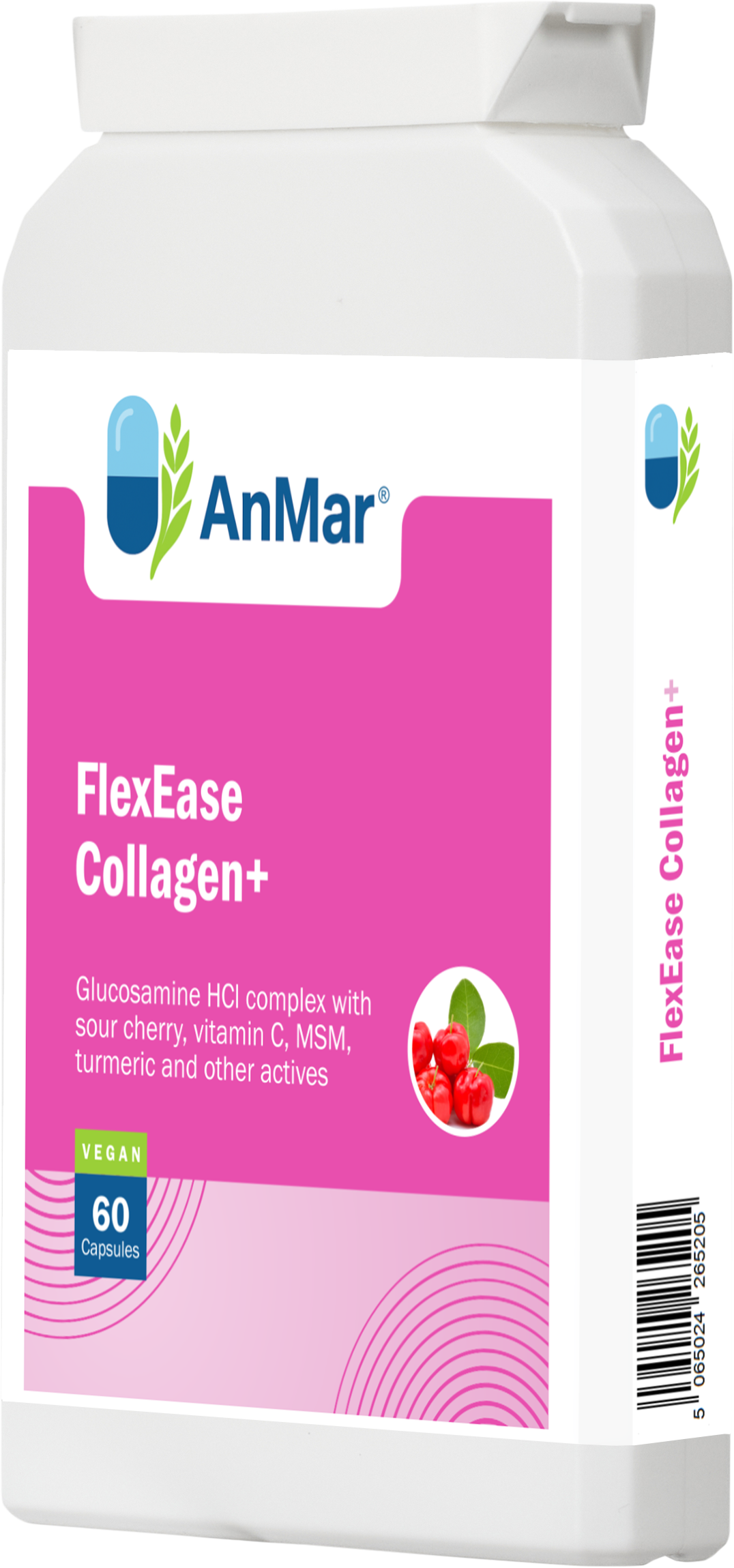 Angled front-right view of AnMar™ FlexEase Collagen+ bottle, a vegan supplement for joints containing glucosamine, vitamin C, MSM, turmeric, and sour cherry.