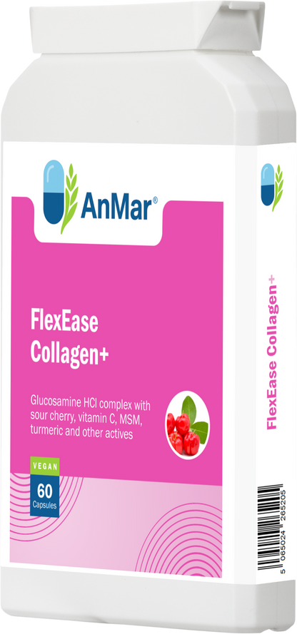 Angled front-right view of AnMar™ FlexEase Collagen+ bottle, a vegan supplement for joints containing glucosamine, vitamin C, MSM, turmeric, and sour cherry.