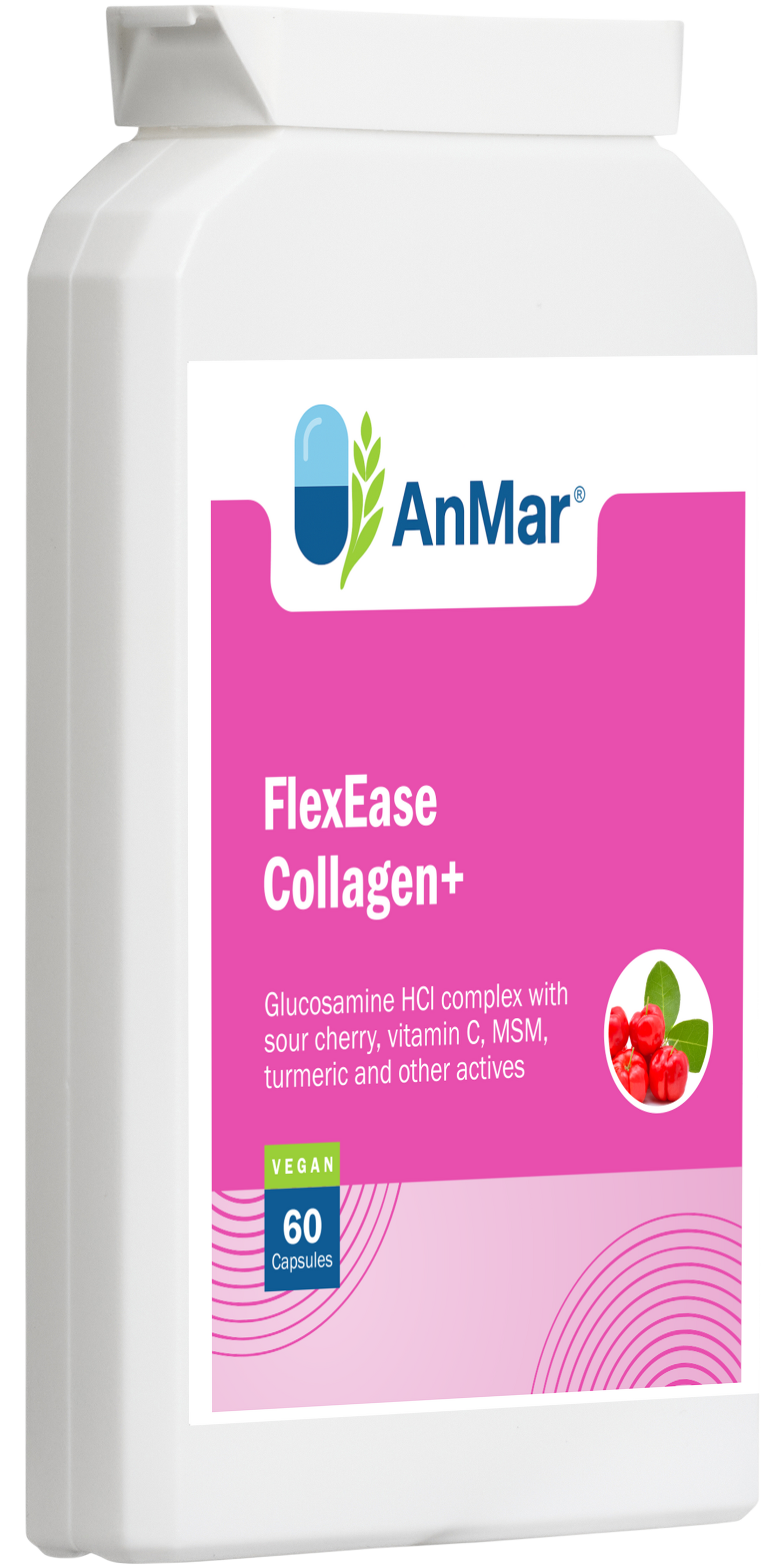Angled side view of AnMar™ FlexEase Collagen+ bottle highlighting product label with glucosamine, vitamin C, MSM, and turmeric blend for joint support.