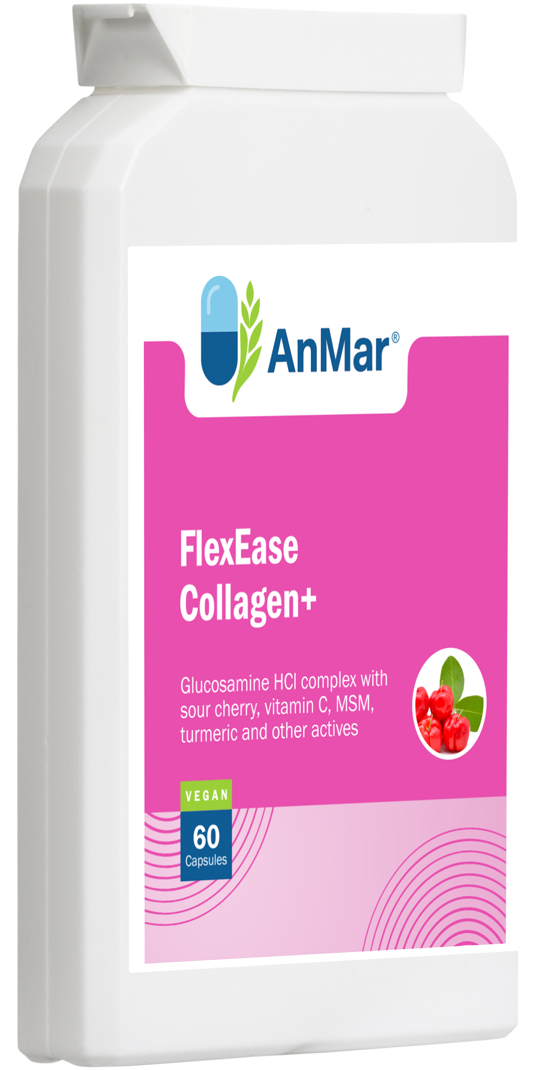 Angled side view of AnMar™ FlexEase Collagen+ bottle highlighting product label with glucosamine, vitamin C, MSM, and turmeric blend for joint support.
