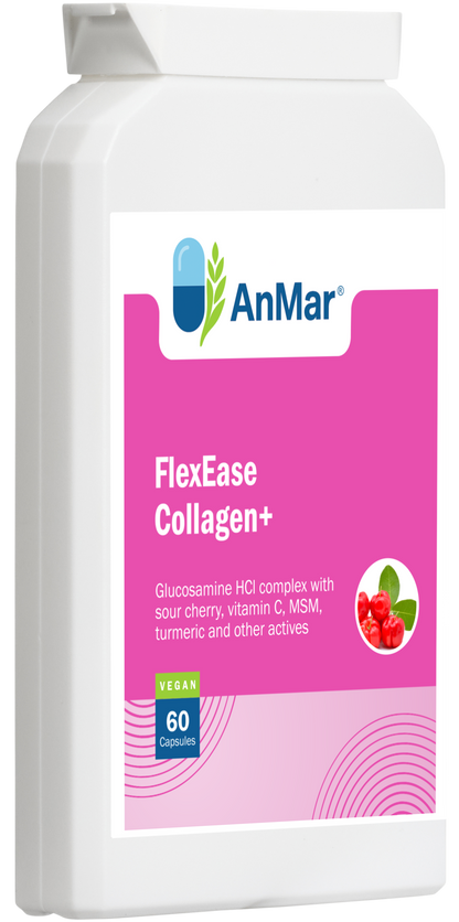 Angled side view of AnMar™ FlexEase Collagen+ bottle highlighting product label with glucosamine, vitamin C, MSM, and turmeric blend for joint support.