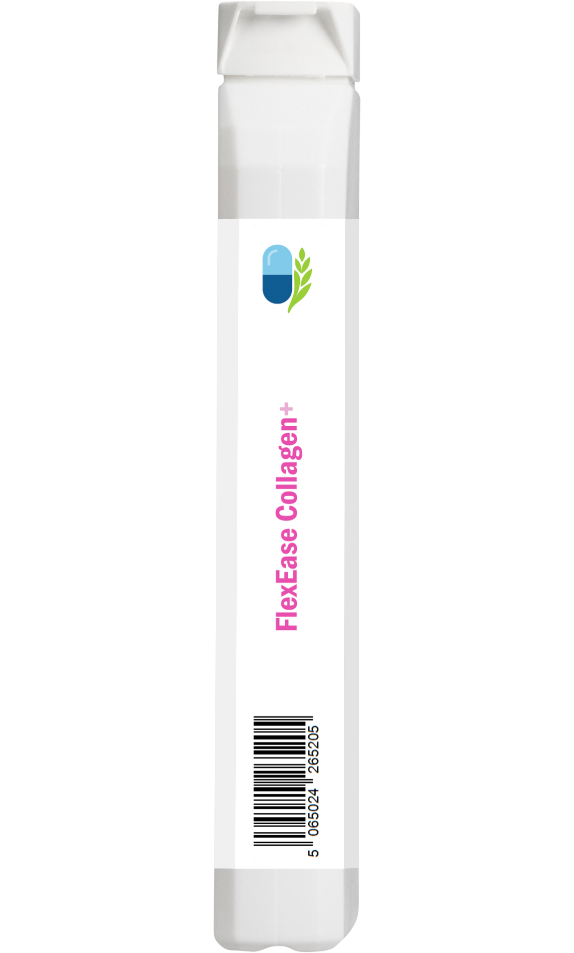 Side view of AnMar™ FlexEase Collagen+ bottle showing the barcode and blank label space, vegan joint supplement.