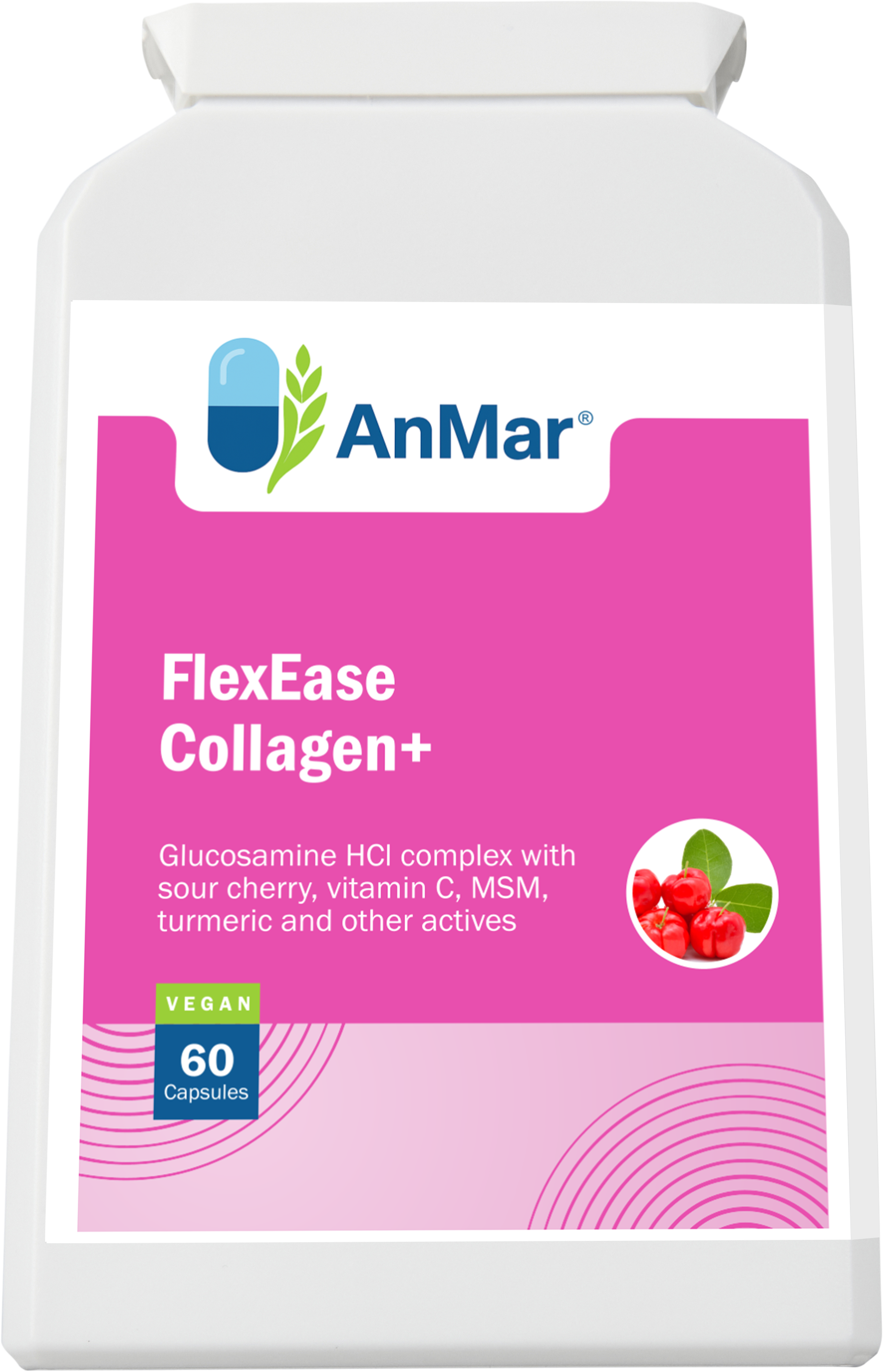 Front label view of AnMar™ FlexEase Collagen+ bottle showing supplement for joint health with glucosamine, sour cherry, vitamin C, MSM, and turmeric.