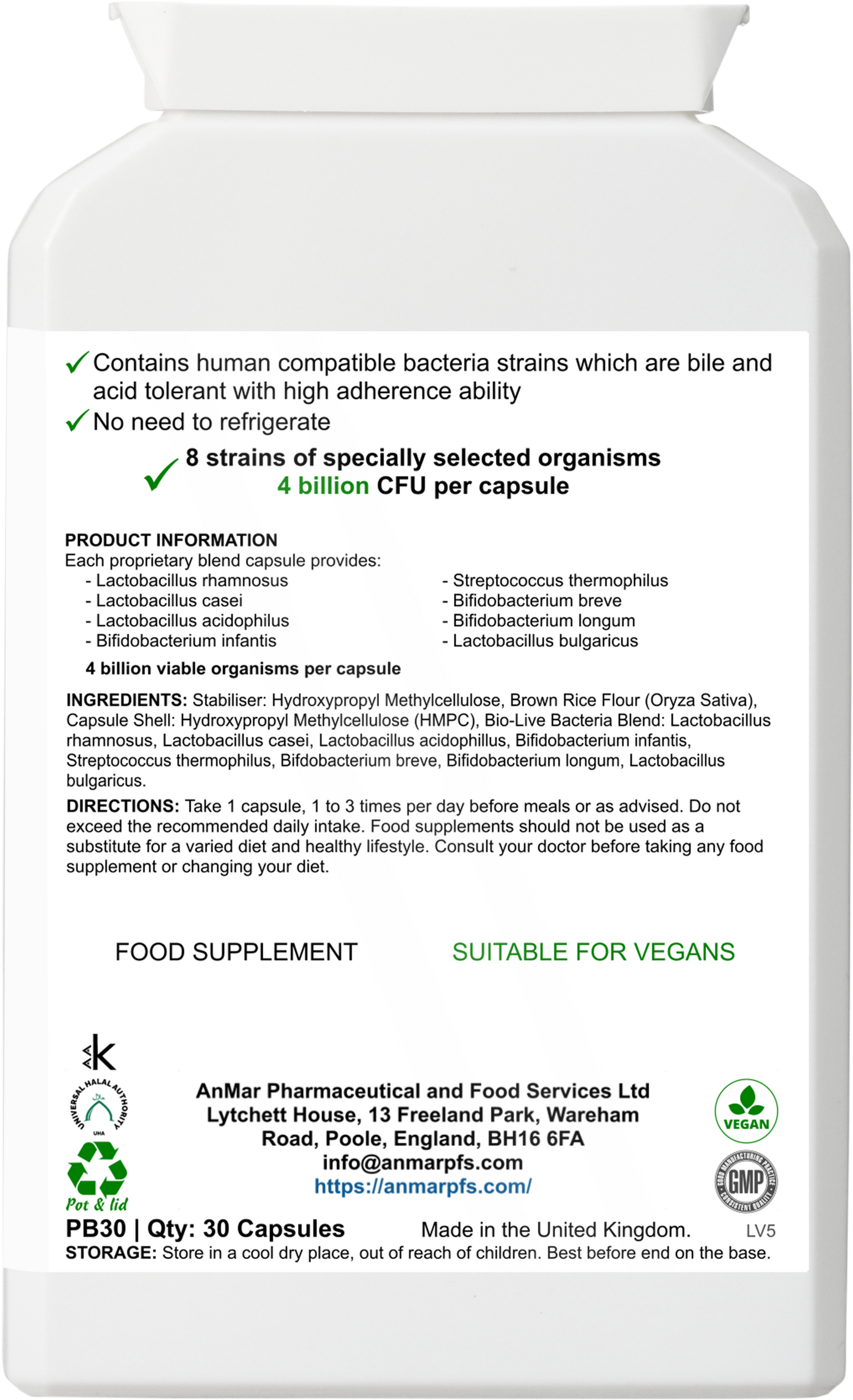 Back label of AnMar™ FloraFriendly Max showing 8 probiotic strains including Lactobacillus and Bifidobacterium species. Features directions, ingredient list, and vegan certification. 30 capsules.