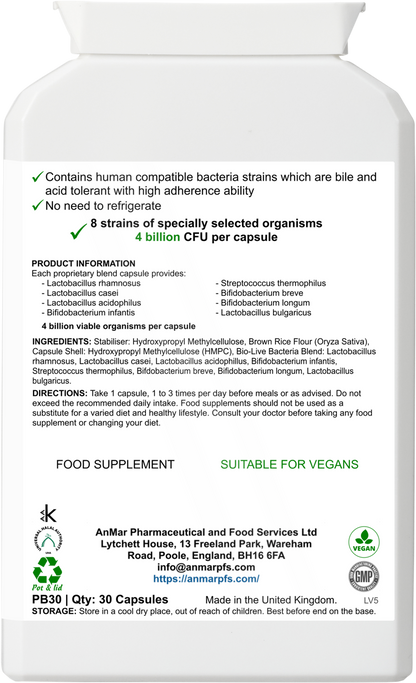 Back label of AnMar™ FloraFriendly Max showing 8 probiotic strains including Lactobacillus and Bifidobacterium species. Features directions, ingredient list, and vegan certification. 30 capsules.