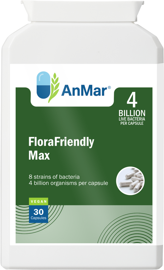 Front view of AnMar™ FloraFriendly Max supplement bottle showing 4 billion live bacteria per capsule with 8 strains of probiotics. Vegan, 30 capsules.