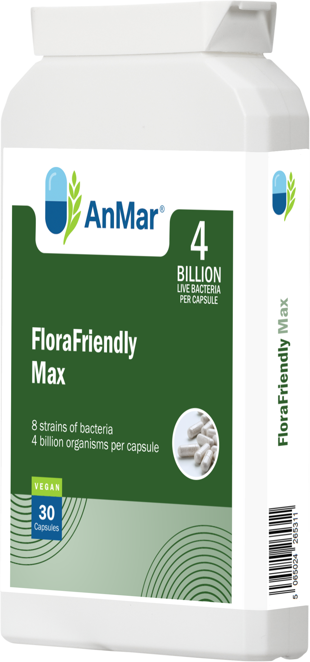 Angled right-side view of AnMar™ FloraFriendly Max probiotic supplement bottle showing 4 billion CFU per capsule with 8 strains, 30 vegan capsules.